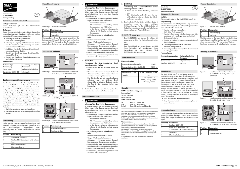 SMA SI-485PB-NR User Manual | 2 pages