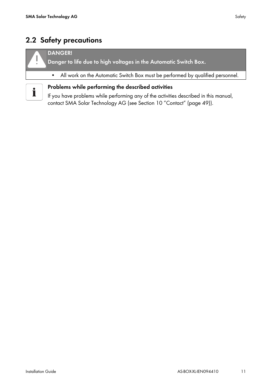 2 safety precautions, Safety precautions | SMA AUTOMATIC SWITCH BOX XL User Manual | Page 11 / 54