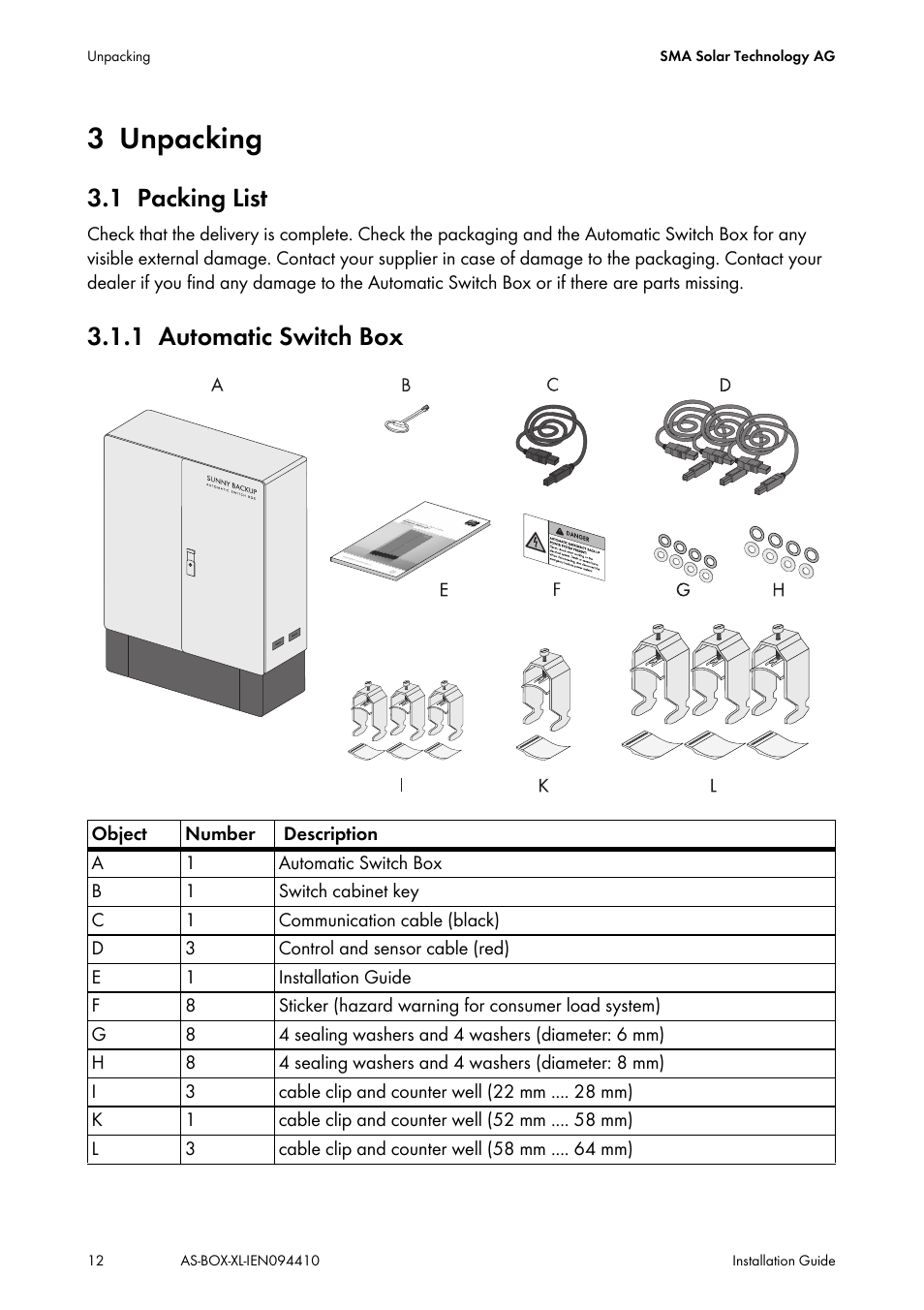 3 unpacking, 1 packing list, 1 automatic switch box | Unpacking, Packing list, Automatic switch box | SMA AUTOMATIC SWITCH BOX XL User Manual | Page 12 / 54