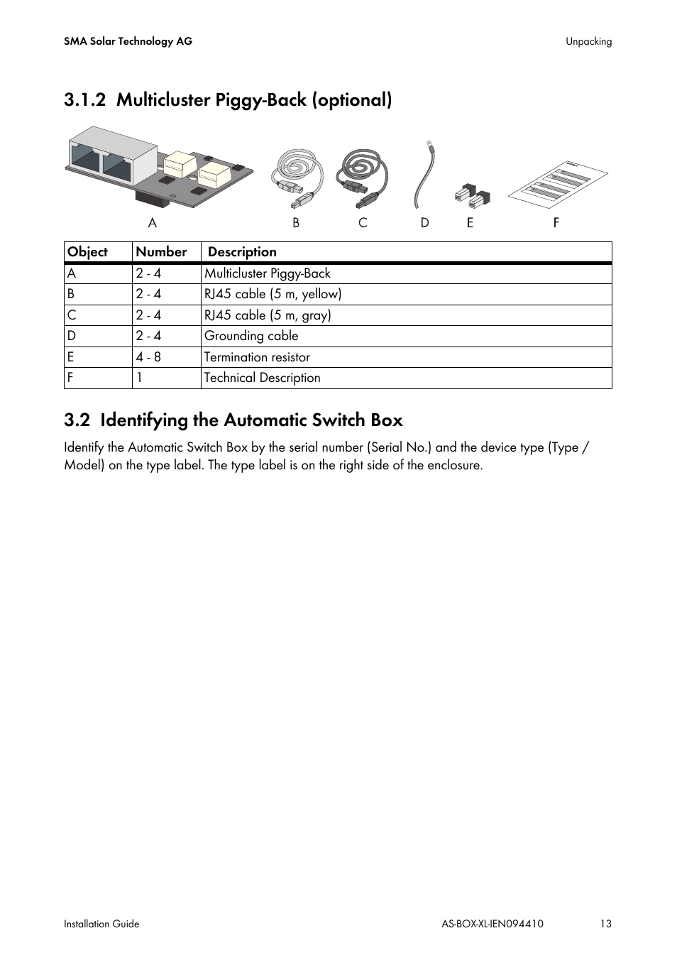 2 multicluster piggy-back (optional), 2 identifying the automatic switch box, Multicluster piggy-back (optional) | Identifying the automatic switch box | SMA AUTOMATIC SWITCH BOX XL User Manual | Page 13 / 54