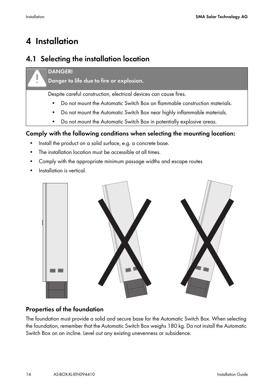 4 installation, 1 selecting the installation location, Installation | Selecting the installation location | SMA AUTOMATIC SWITCH BOX XL User Manual | Page 14 / 54