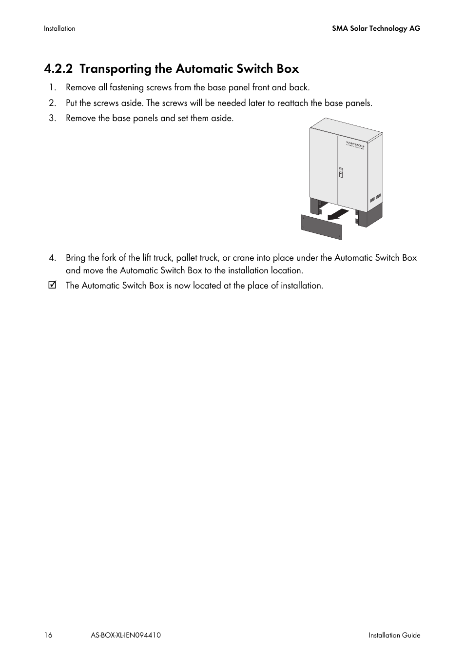 2 transporting the automatic switch box, Transporting the automatic switch box | SMA AUTOMATIC SWITCH BOX XL User Manual | Page 16 / 54
