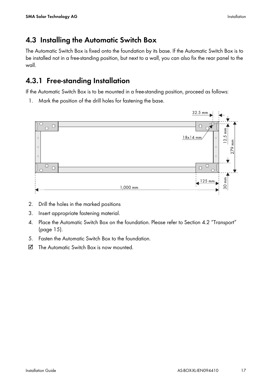 3 installing the automatic switch box, 1 free-standing installation, Installing the automatic switch box | Free-standing installation | SMA AUTOMATIC SWITCH BOX XL User Manual | Page 17 / 54