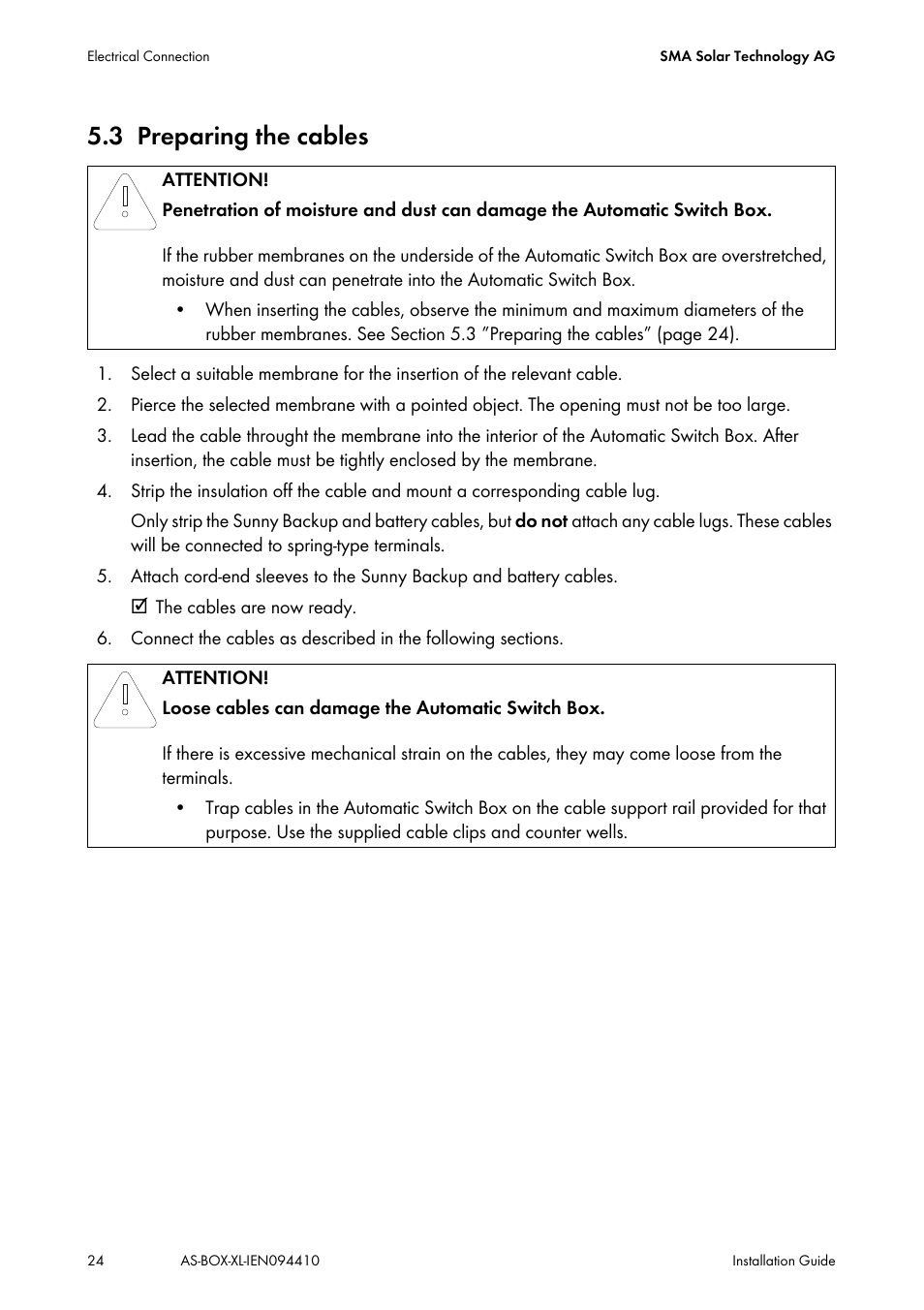 3 preparing the cables, Preparing the cables | SMA AUTOMATIC SWITCH BOX XL User Manual | Page 24 / 54