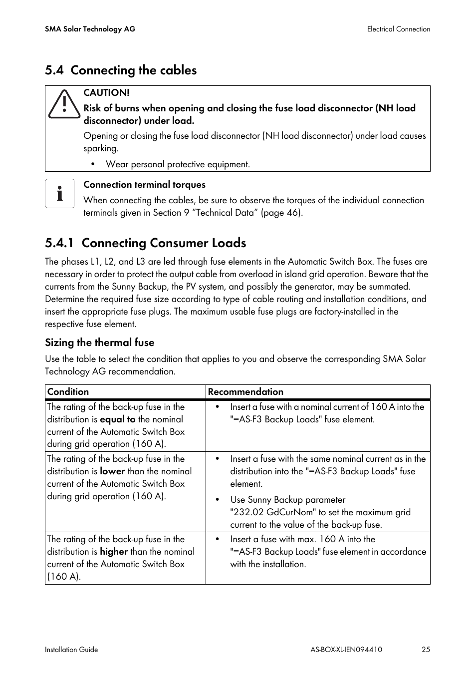 4 connecting the cables, 1 connecting consumer loads, Connecting the cables | Connecting consumer loads | SMA AUTOMATIC SWITCH BOX XL User Manual | Page 25 / 54