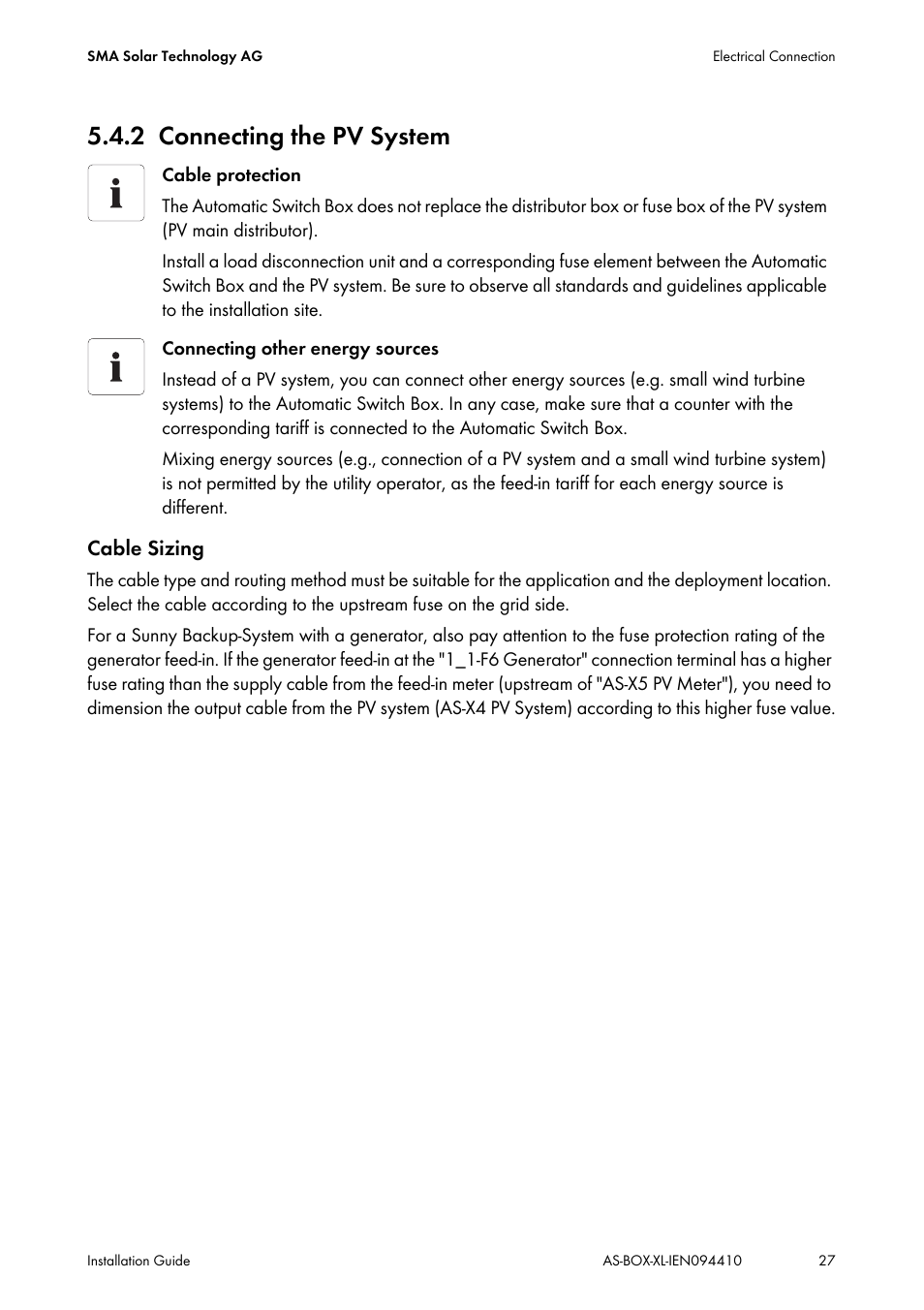 2 connecting the pv system, Connecting the pv system, Cable sizing | SMA AUTOMATIC SWITCH BOX XL User Manual | Page 27 / 54