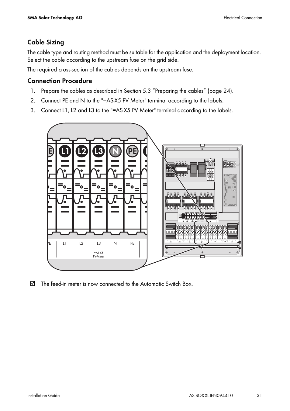 Cable sizing, Connection procedure | SMA AUTOMATIC SWITCH BOX XL User Manual | Page 31 / 54