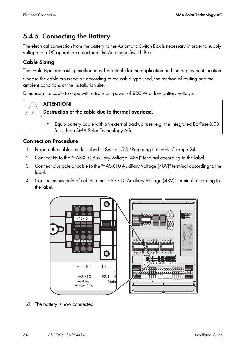 5 connecting the battery, Connecting the battery | SMA AUTOMATIC SWITCH BOX XL User Manual | Page 34 / 54