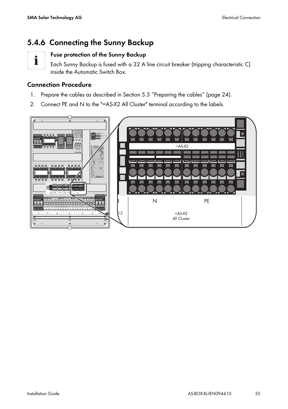 6 connecting the sunny backup, Connecting the sunny backup, Connection procedure | SMA AUTOMATIC SWITCH BOX XL User Manual | Page 35 / 54