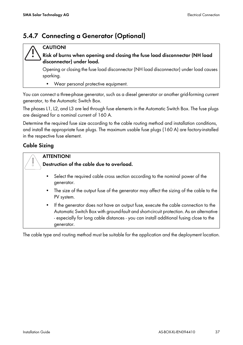7 connecting a generator (optional), Connecting a generator (optional) | SMA AUTOMATIC SWITCH BOX XL User Manual | Page 37 / 54