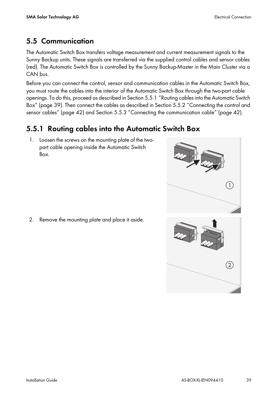 5 communication, 1 routing cables into the automatic switch box, Communication | Routing cables into the automatic switch box | SMA AUTOMATIC SWITCH BOX XL User Manual | Page 39 / 54