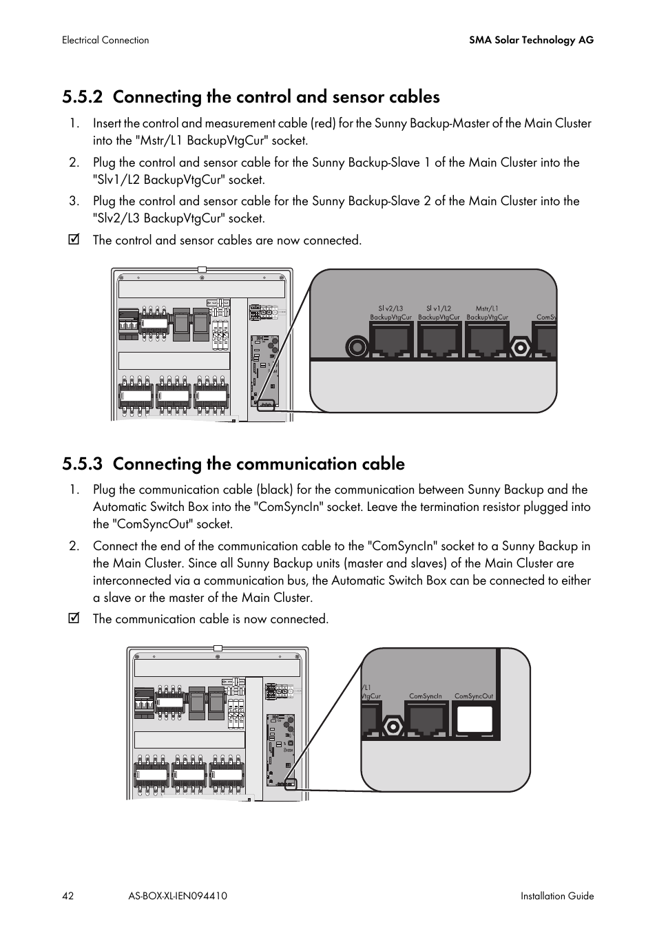 2 connecting the control and sensor cables, 3 connecting the communication cable, Connecting the control and sensor cables | Connecting the communication cable | SMA AUTOMATIC SWITCH BOX XL User Manual | Page 42 / 54