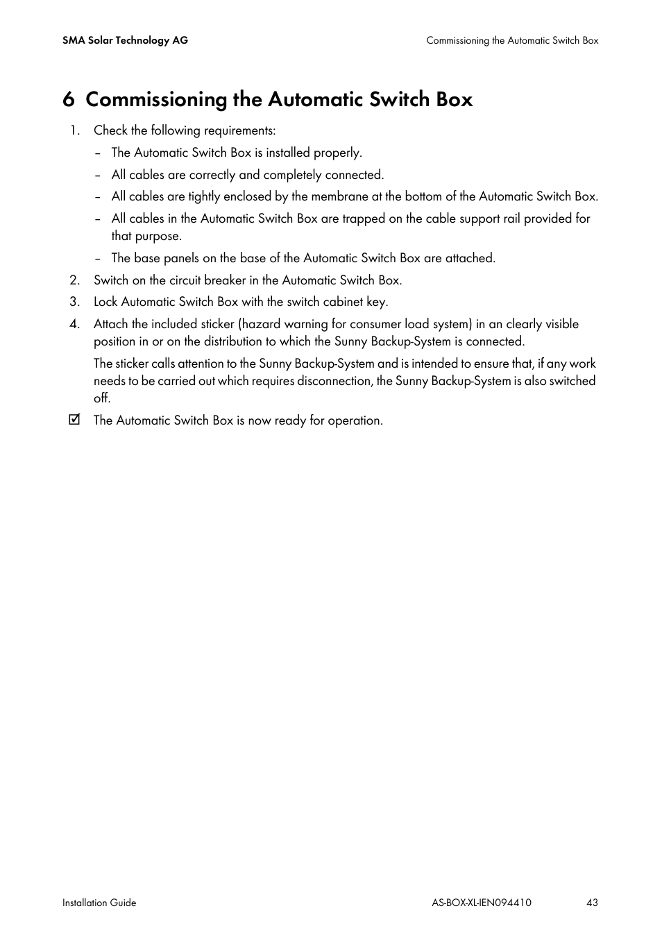 6 commissioning the automatic switch box, Commissioning the automatic switch box | SMA AUTOMATIC SWITCH BOX XL User Manual | Page 43 / 54