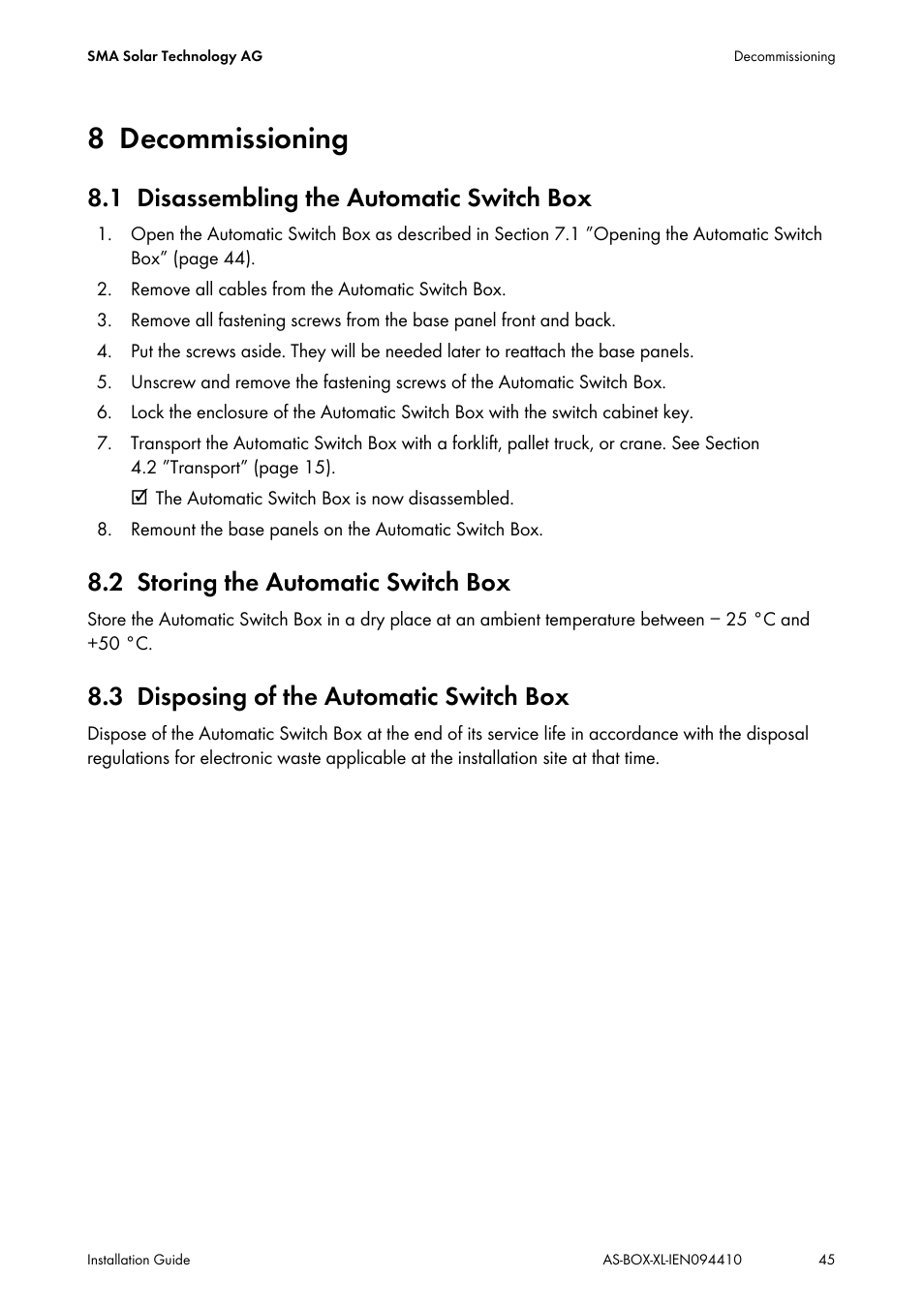 8 decommissioning, 1 disassembling the automatic switch box, 2 storing the automatic switch box | 3 disposing of the automatic switch box, Decommissioning, Disassembling the automatic switch box, Storing the automatic switch box, Disposing of the automatic switch box | SMA AUTOMATIC SWITCH BOX XL User Manual | Page 45 / 54
