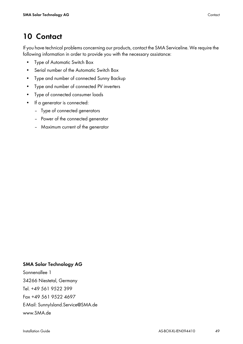 10 contact, Contact | SMA AUTOMATIC SWITCH BOX XL User Manual | Page 49 / 54