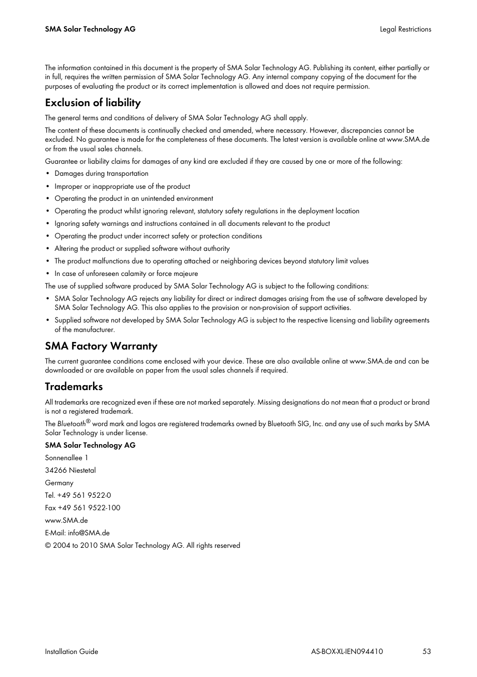 Exclusion of liability, Sma factory warranty, Trademarks | SMA AUTOMATIC SWITCH BOX XL User Manual | Page 53 / 54