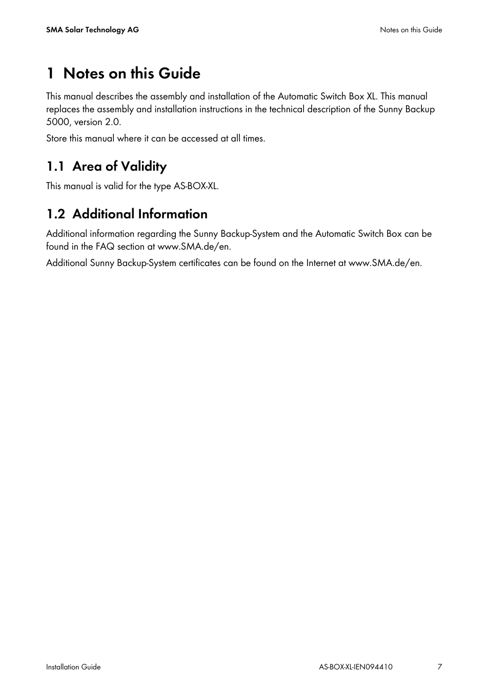 1 notes on this guide, 1 area of validity, 2 additional information | Notes on this guide, Area of validity, Additional information | SMA AUTOMATIC SWITCH BOX XL User Manual | Page 7 / 54