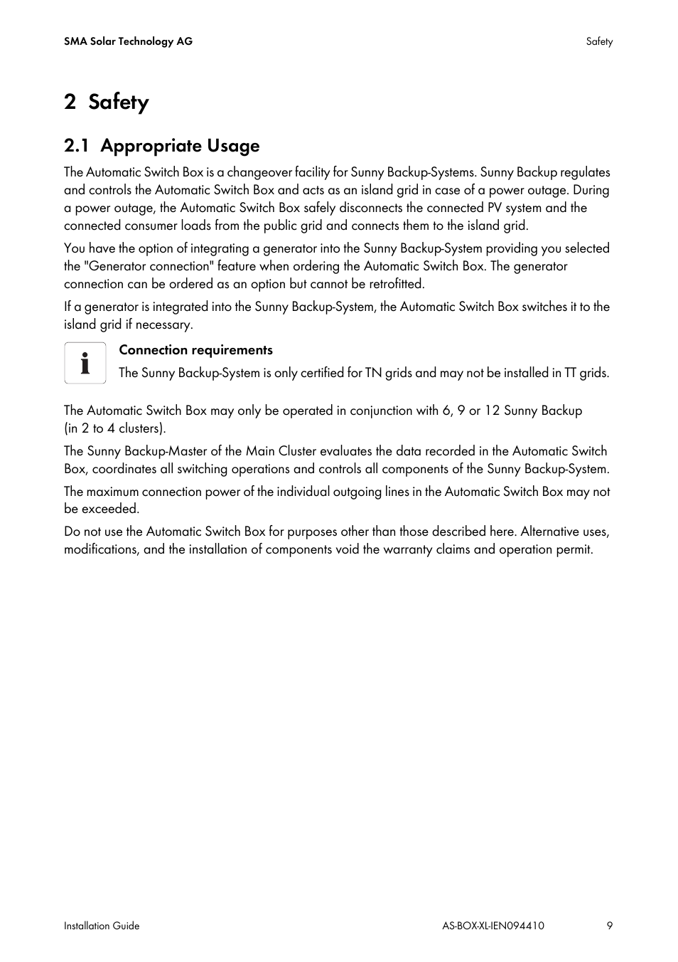 2 safety, 1 appropriate usage, Safety | Appropriate usage | SMA AUTOMATIC SWITCH BOX XL User Manual | Page 9 / 54