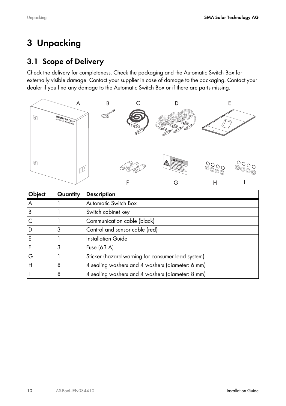 3 unpacking, 1 scope of delivery, Unpacking | Scope of delivery | SMA AUTOMATIC SWITCH BOX L User Manual | Page 10 / 48