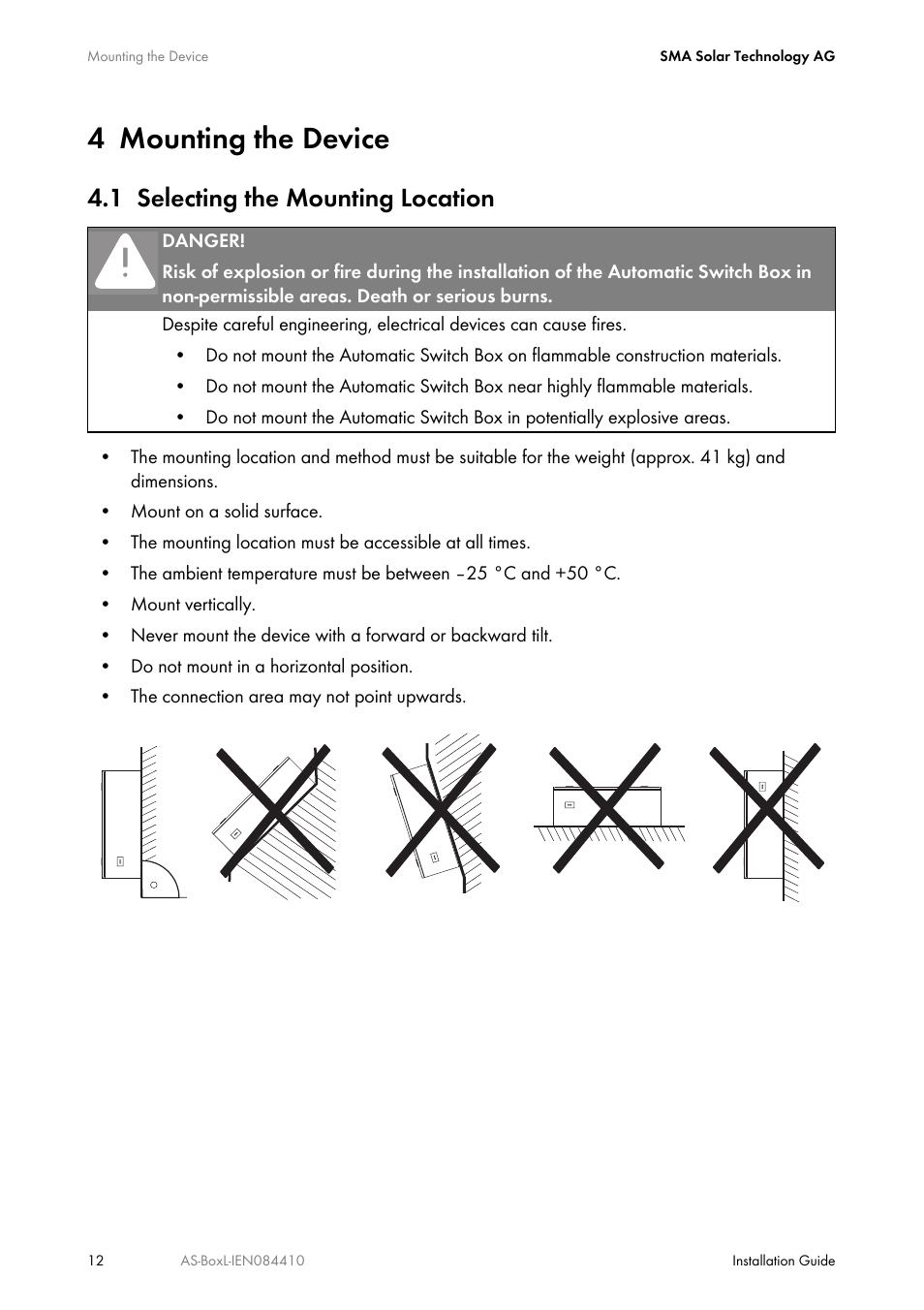 4 mounting the device, 1 selecting the mounting location, Mounting the device | Selecting the mounting location | SMA AUTOMATIC SWITCH BOX L User Manual | Page 12 / 48