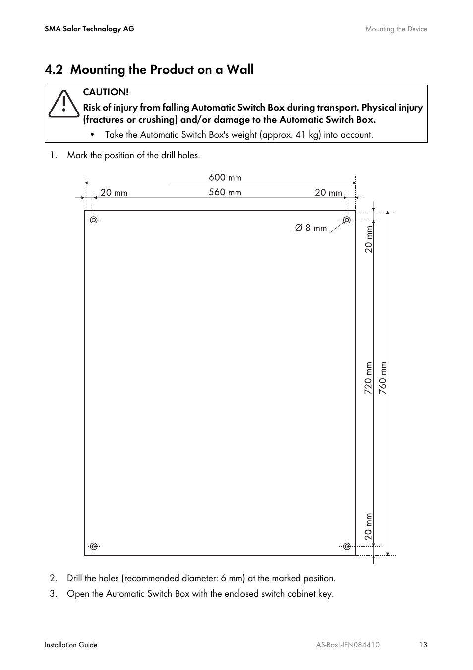 2 mounting the product on a wall, Mounting the product on a wall | SMA AUTOMATIC SWITCH BOX L User Manual | Page 13 / 48