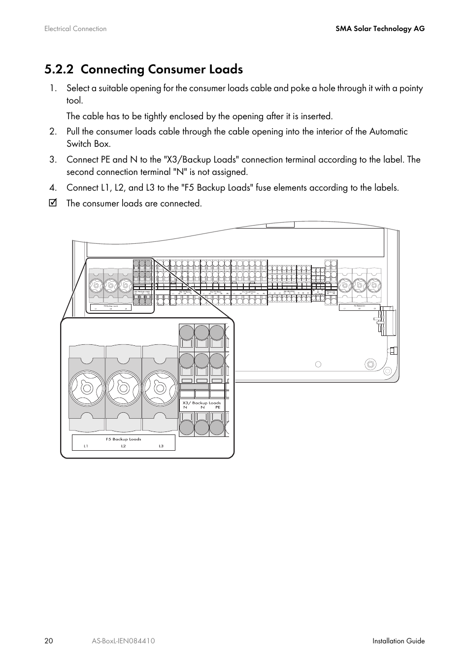 2 connecting consumer loads, Connecting consumer loads | SMA AUTOMATIC SWITCH BOX L User Manual | Page 20 / 48