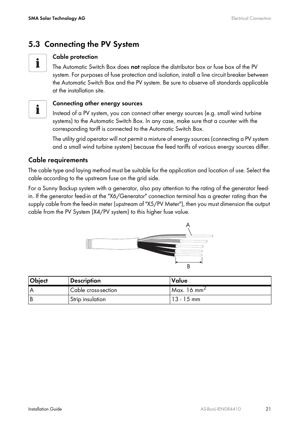 3 connecting the pv system, Connecting the pv system | SMA AUTOMATIC SWITCH BOX L User Manual | Page 21 / 48
