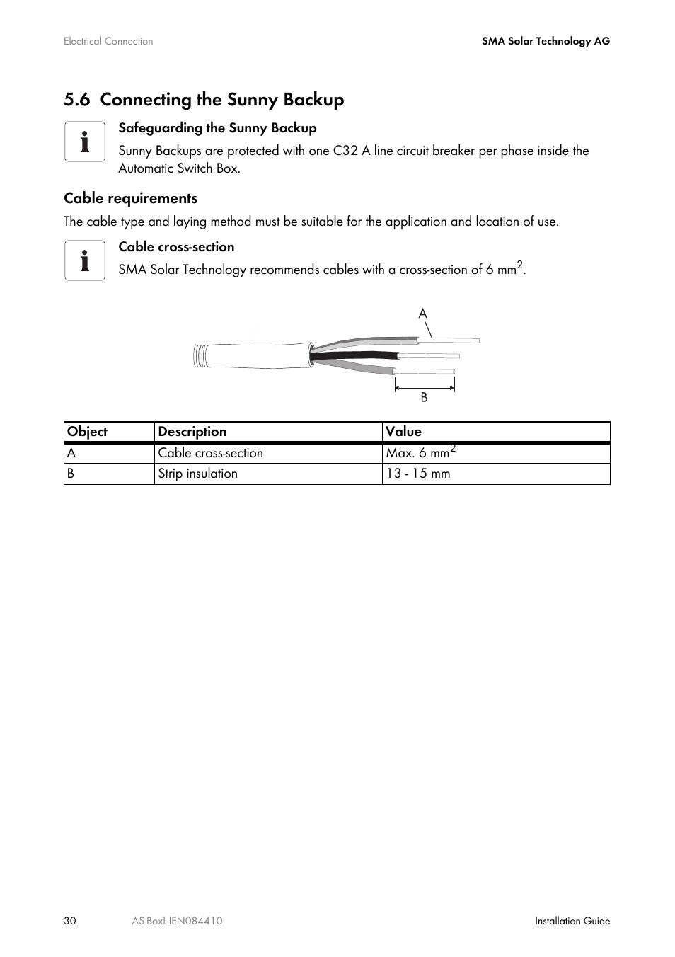 6 connecting the sunny backup, Connecting the sunny backup | SMA AUTOMATIC SWITCH BOX L User Manual | Page 30 / 48