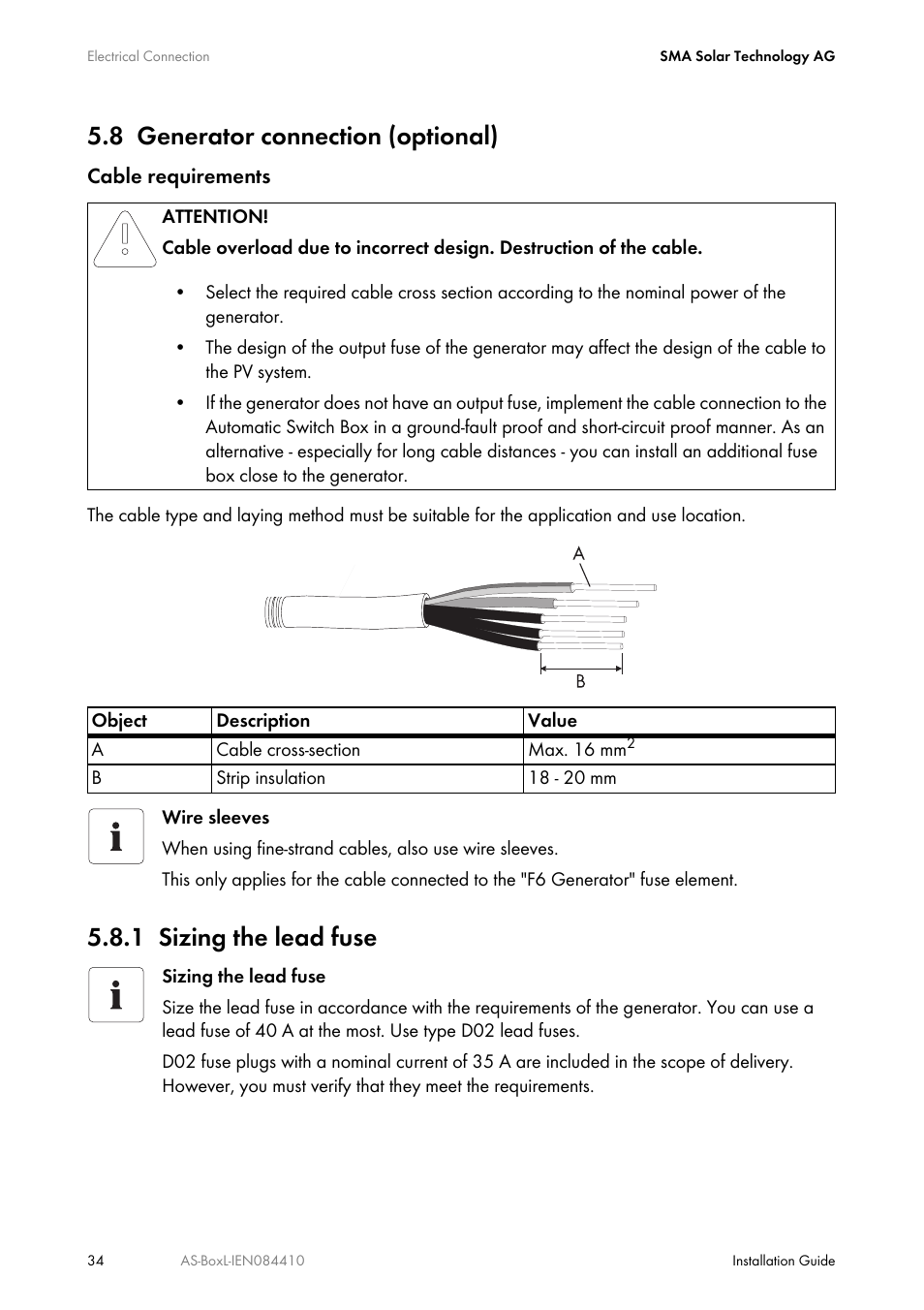 8 generator connection (optional), 1 sizing the lead fuse, Generator connection (optional) | Sizing the lead fuse | SMA AUTOMATIC SWITCH BOX L User Manual | Page 34 / 48