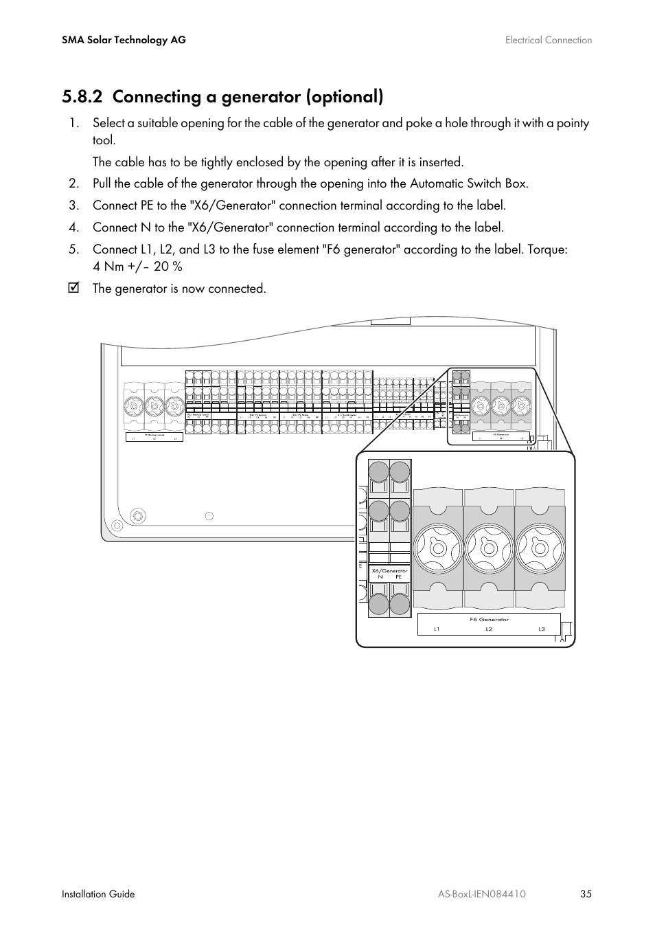 2 connecting a generator (optional), Connecting a generator (optional) | SMA AUTOMATIC SWITCH BOX L User Manual | Page 35 / 48