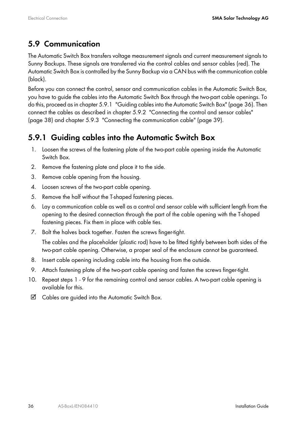 9 communication, 1 guiding cables into the automatic switch box, Communication | Guiding cables into the automatic switch box | SMA AUTOMATIC SWITCH BOX L User Manual | Page 36 / 48