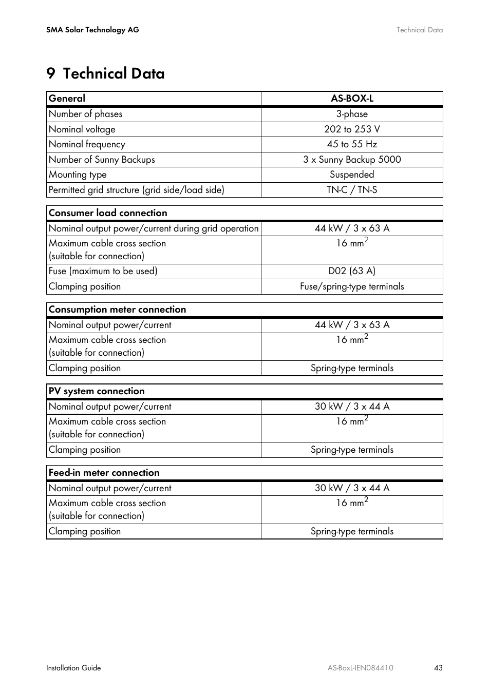 9 technical data, Technical data | SMA AUTOMATIC SWITCH BOX L User Manual | Page 43 / 48