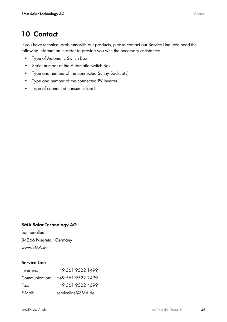 10 contact, Contact | SMA AUTOMATIC SWITCH BOX L User Manual | Page 45 / 48