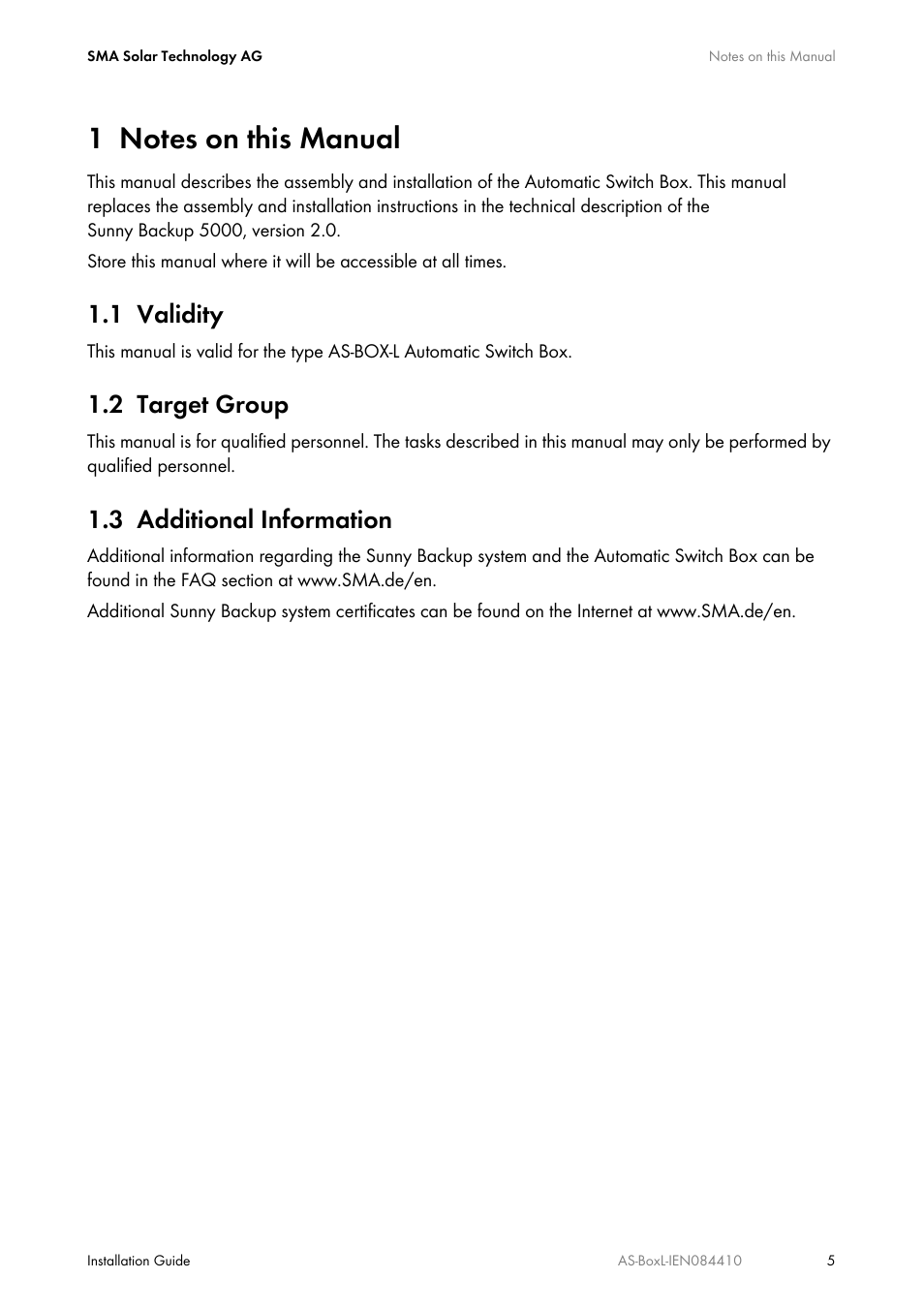 1 notes on this manual, 1 validity, 2 target group | 3 additional information, Notes on this manual, Validity, Target group, Additional information | SMA AUTOMATIC SWITCH BOX L User Manual | Page 5 / 48
