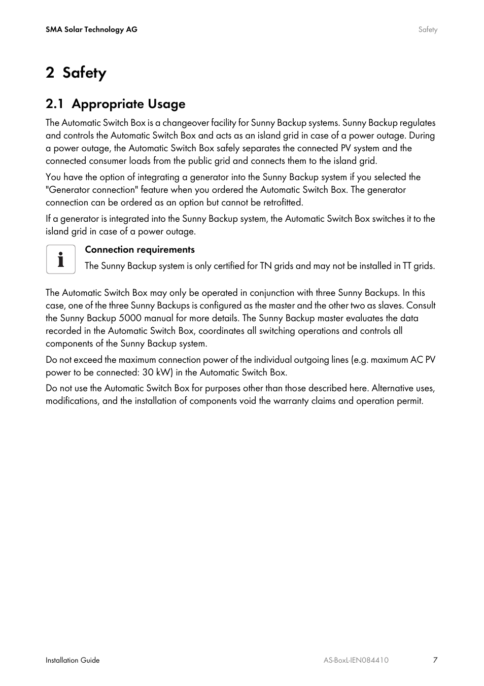 2 safety, 1 appropriate usage, Safety | Appropriate usage | SMA AUTOMATIC SWITCH BOX L User Manual | Page 7 / 48
