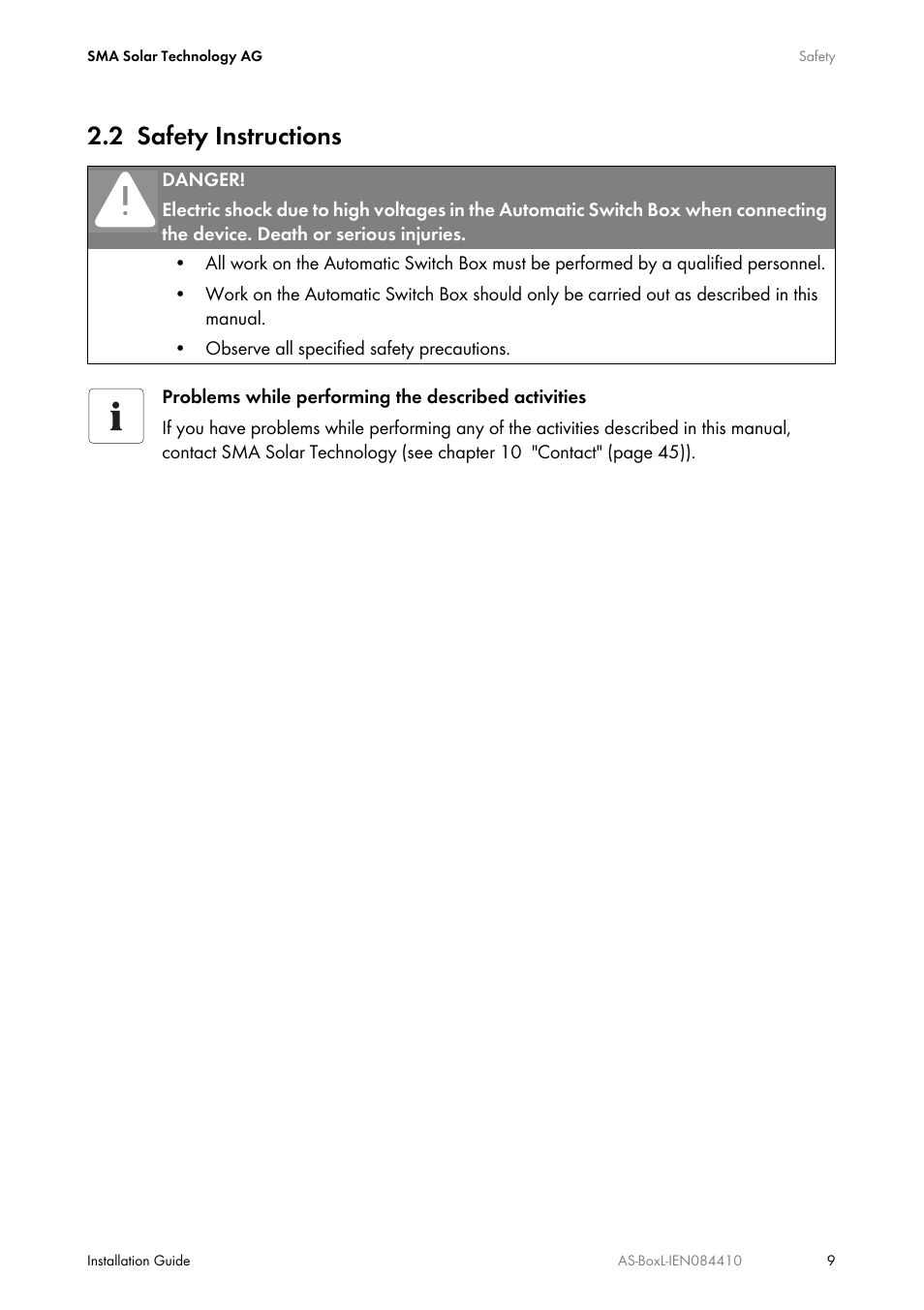 2 safety instructions, Safety instructions | SMA AUTOMATIC SWITCH BOX L User Manual | Page 9 / 48