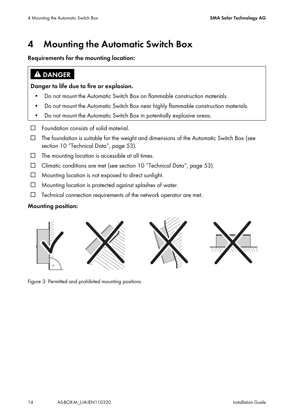 4 mounting the automatic switch box, Mounting the automatic switch box | SMA AUTOMATIC SWITCH BOX M-20 User Manual | Page 14 / 64