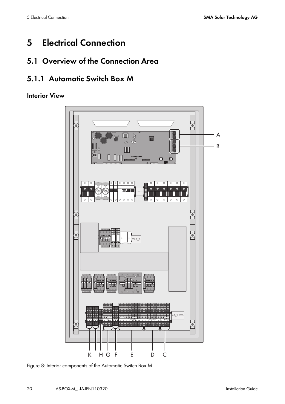 5 electrical connection, 1 overview of the connection area, 1 automatic switch box m | Electrical connection, Overview of the connection area, Automatic switch box m | SMA AUTOMATIC SWITCH BOX M-20 User Manual | Page 20 / 64
