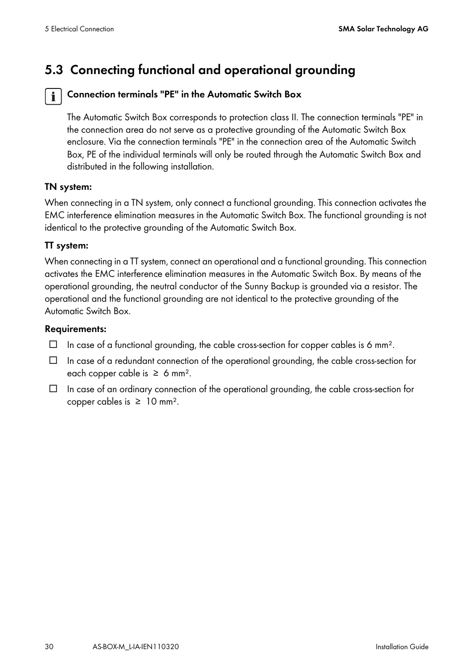 3 connecting functional and operational grounding, Connecting functional and operational grounding | SMA AUTOMATIC SWITCH BOX M-20 User Manual | Page 30 / 64