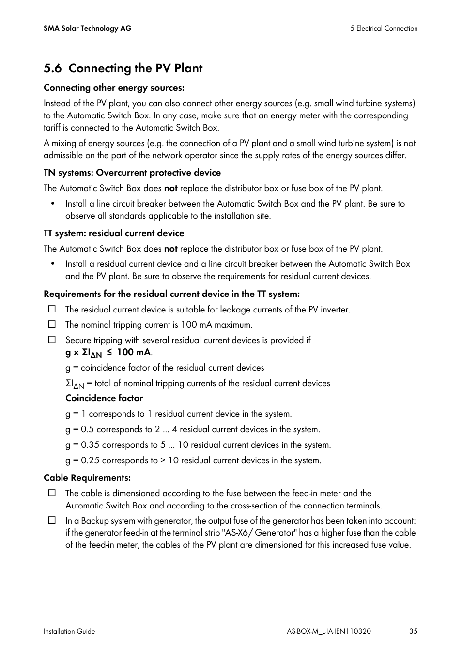 6 connecting the pv plant, Connecting the pv plant | SMA AUTOMATIC SWITCH BOX M-20 User Manual | Page 35 / 64