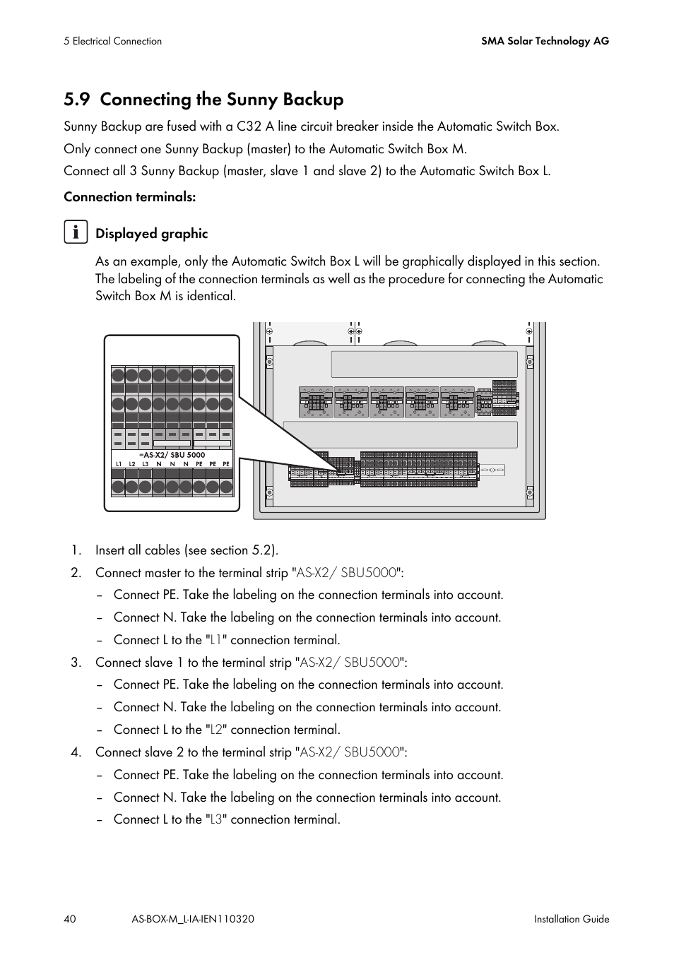 9 connecting the sunny backup, Connecting the sunny backup | SMA AUTOMATIC SWITCH BOX M-20 User Manual | Page 40 / 64