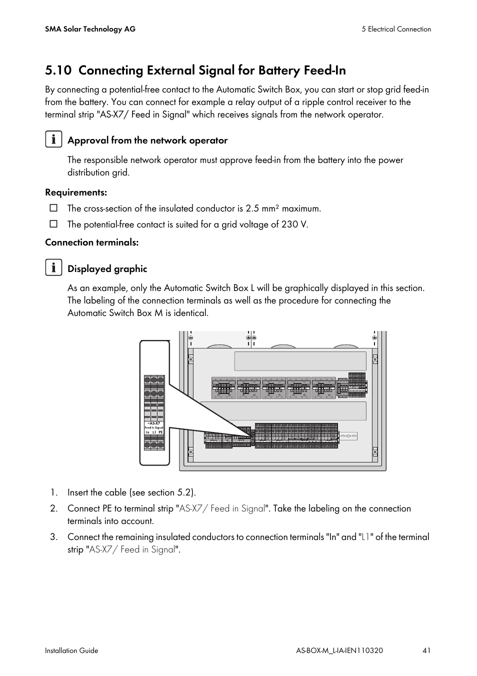 10 connecting external signal for battery feed-in, Connecting external signal for battery feed-in | SMA AUTOMATIC SWITCH BOX M-20 User Manual | Page 41 / 64