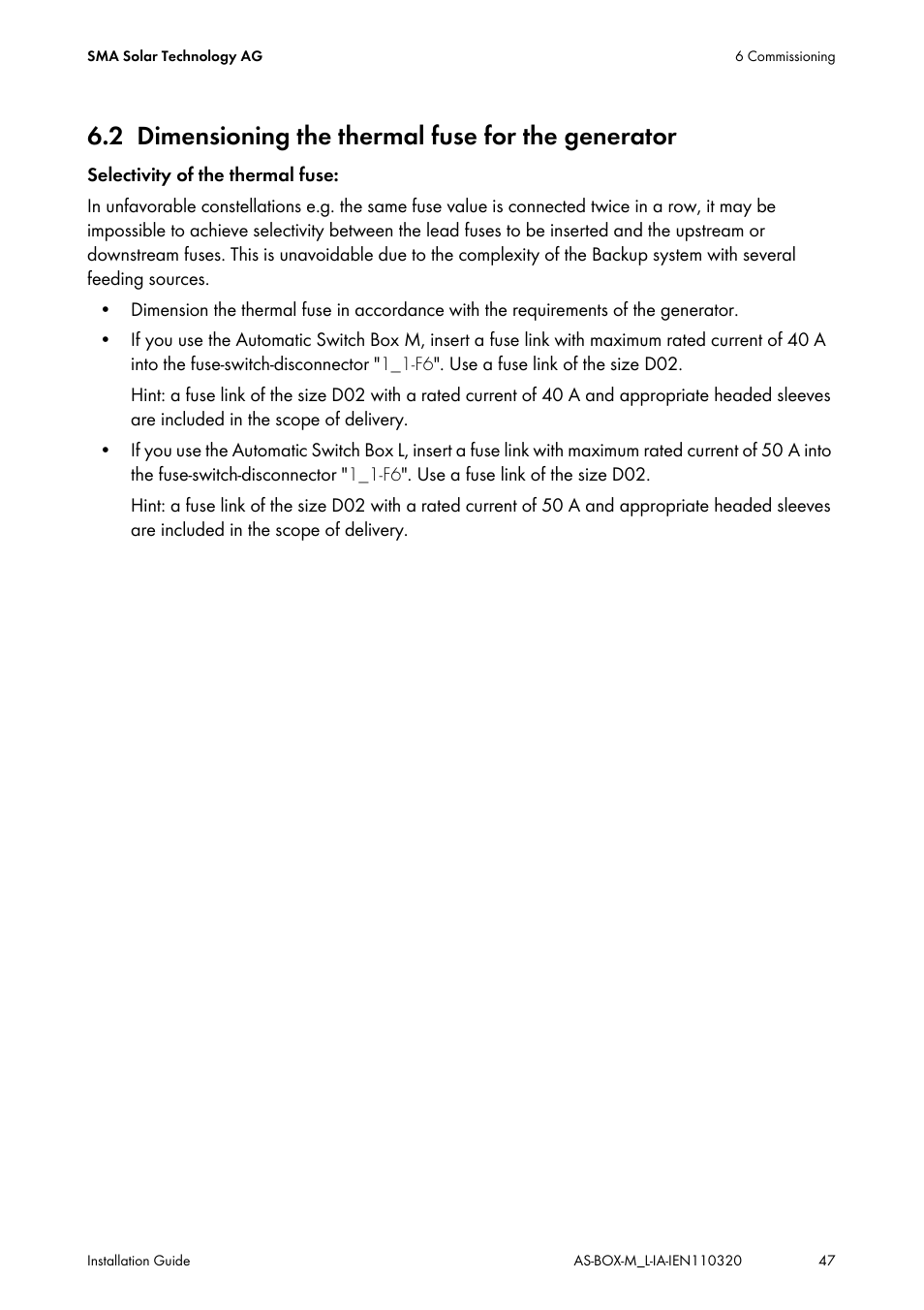 2 dimensioning the thermal fuse for the generator, Dimensioning the thermal fuse for the generator | SMA AUTOMATIC SWITCH BOX M-20 User Manual | Page 47 / 64