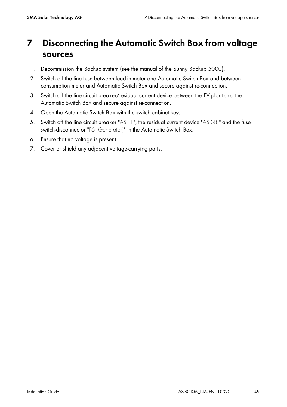 Disconnecting the automatic switch box from, Voltage sources | SMA AUTOMATIC SWITCH BOX M-20 User Manual | Page 49 / 64