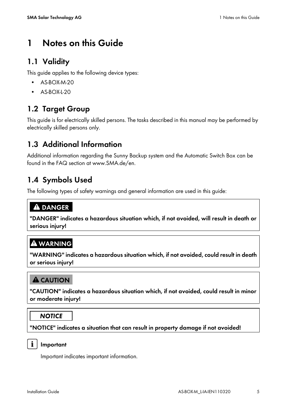 1 notes on this guide, 1 validity, 2 target group | 3 additional information, 4 symbols used, Notes on this guide, Validity, Target group, Additional information, Symbols used | SMA AUTOMATIC SWITCH BOX M-20 User Manual | Page 5 / 64