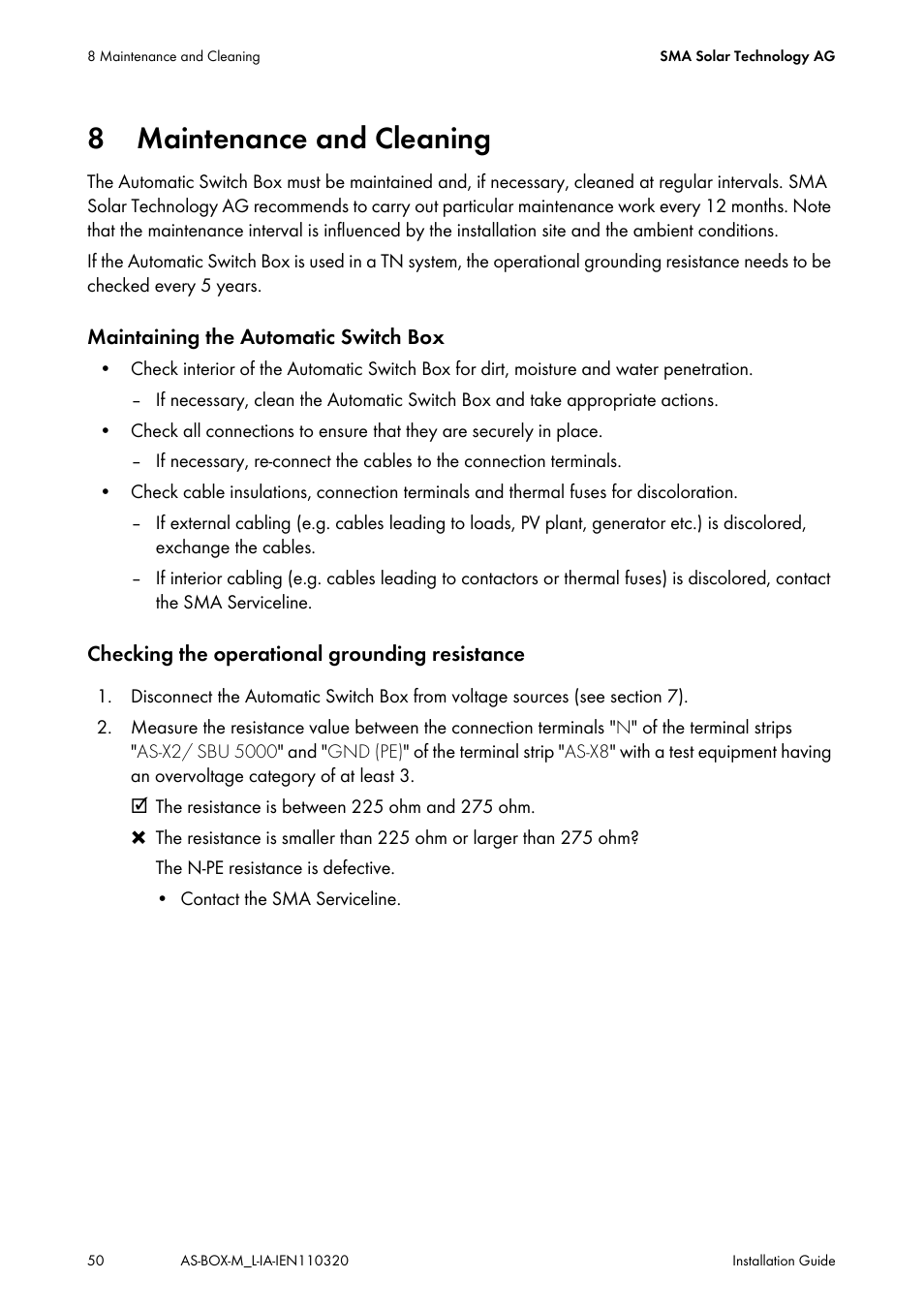 8 maintenance and cleaning, Maintenance and cleaning | SMA AUTOMATIC SWITCH BOX M-20 User Manual | Page 50 / 64