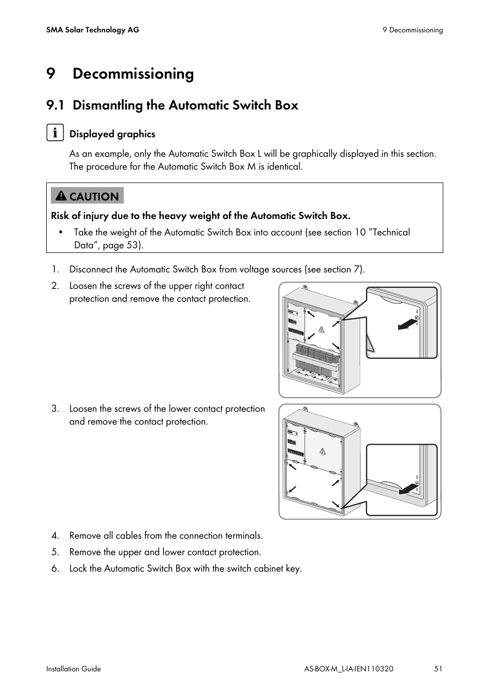 9 decommissioning, 1 dismantling the automatic switch box, Decommissioning | Dismantling the automatic switch box | SMA AUTOMATIC SWITCH BOX M-20 User Manual | Page 51 / 64