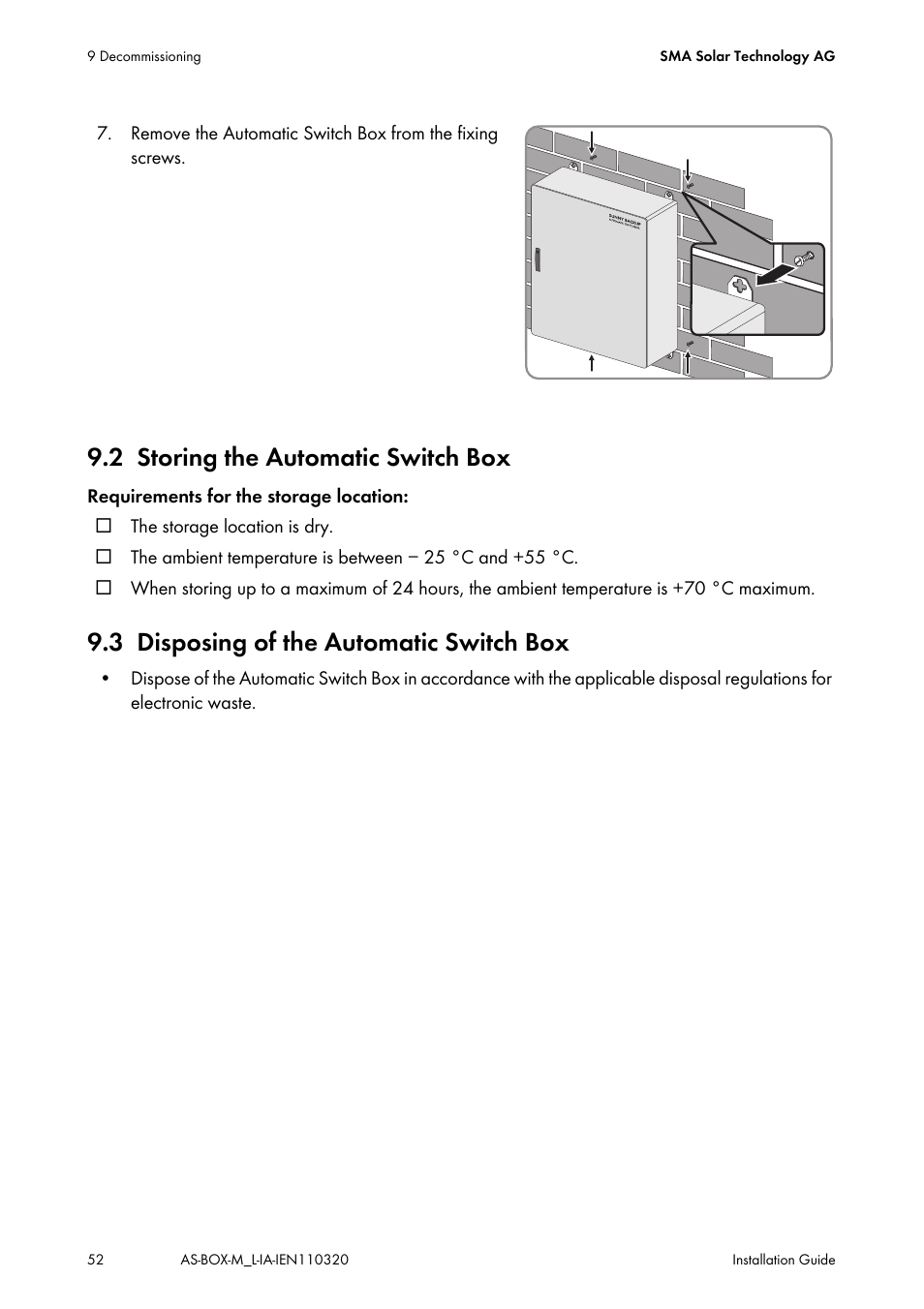 2 storing the automatic switch box, 3 disposing of the automatic switch box, Storing the automatic switch box | Disposing of the automatic switch box | SMA AUTOMATIC SWITCH BOX M-20 User Manual | Page 52 / 64