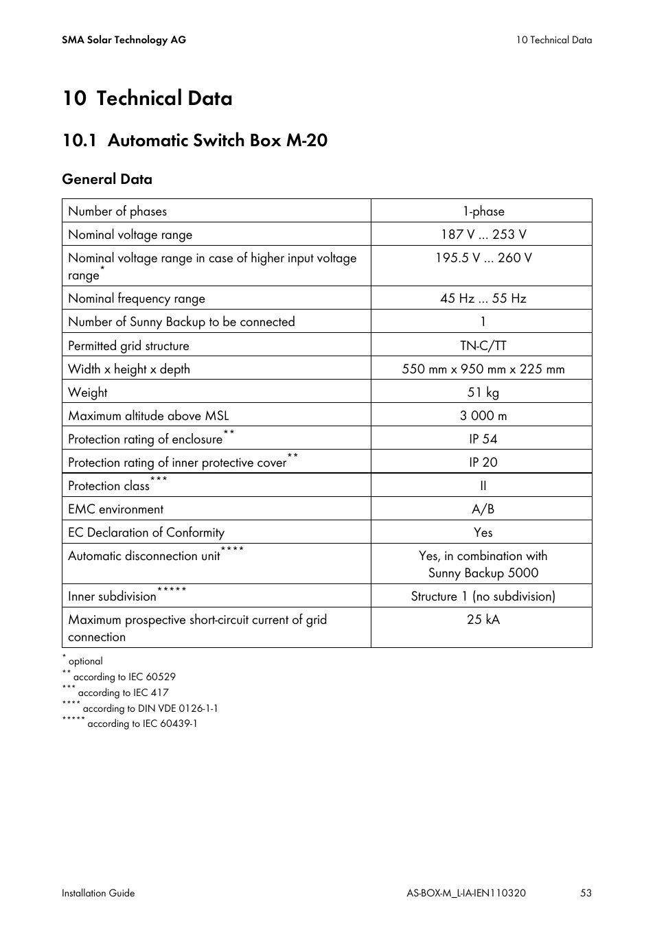 10 technical data, 1 automatic switch box m-20, Technical data | Automatic switch box m-20, General data | SMA AUTOMATIC SWITCH BOX M-20 User Manual | Page 53 / 64