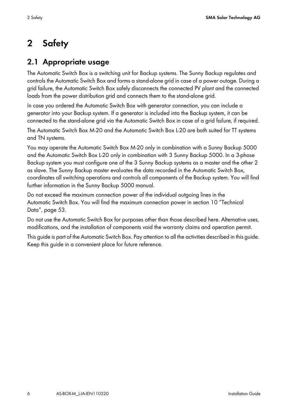2 safety, 1 appropriate usage, Safety | Appropriate usage | SMA AUTOMATIC SWITCH BOX M-20 User Manual | Page 6 / 64